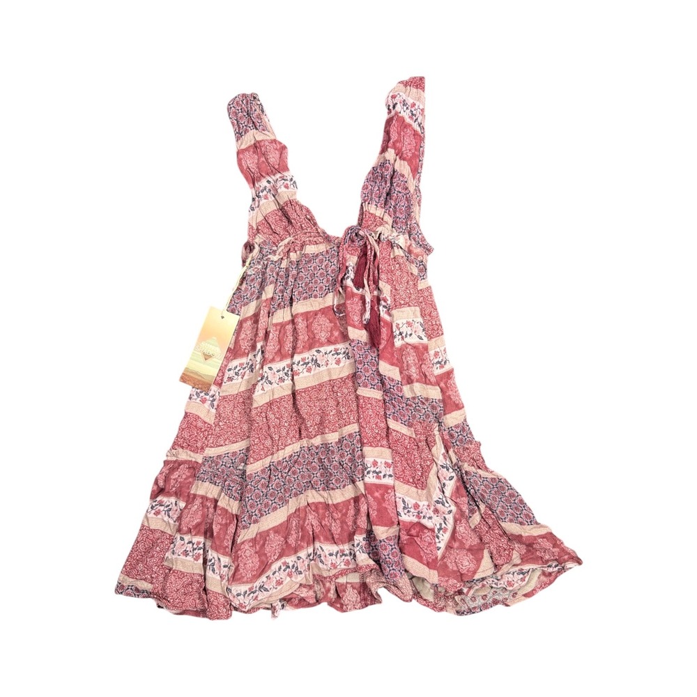 Sun & Shadow Boho Floral Patchwork Mini Dress Mauve Pink Tiered‎ Sleeveless